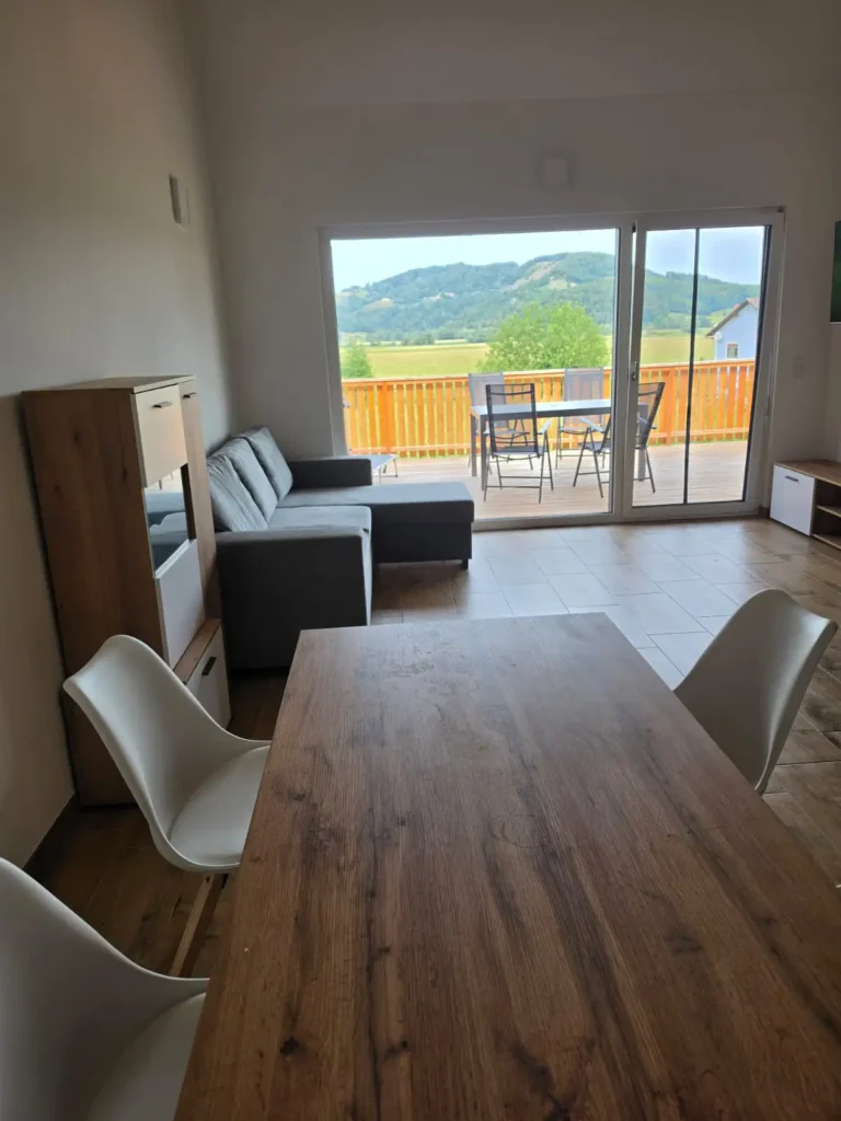 Wohnraum mit Esstisch aus Holz und Couch